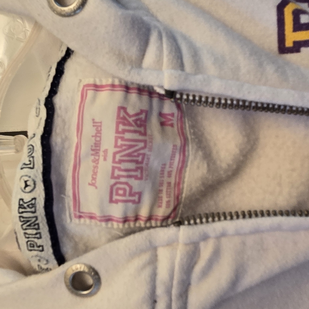 PINK Victoria's Secret Womens White and Pink Zip-Up LSU Tigers Hoodie Y2k - Picture 2 of 3